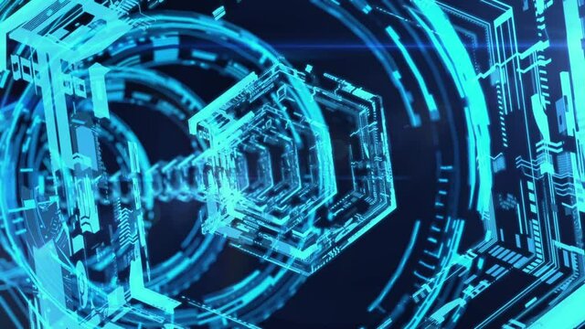 Curvy tunnel made of see-through light-blue hexagons in a dark-blue cyberspace  