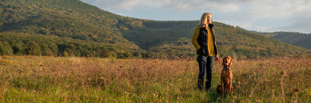 Mature woman walking her beautiful hungarian vizsla. Dog walking background. Woman and hunting dog enjoying nature walk on a sunny autumn evening.
