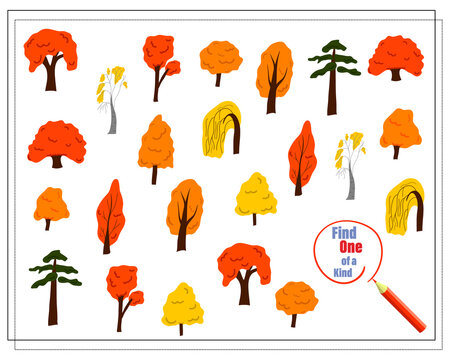 Cartoon illustration of the educational game Find a one-of-a-kind picture. cartoon autumn trees. Vector