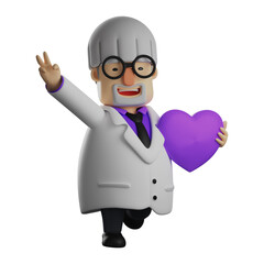 Fototapeta premium Romantic 3D Professor Cartoon Character with a purple heart