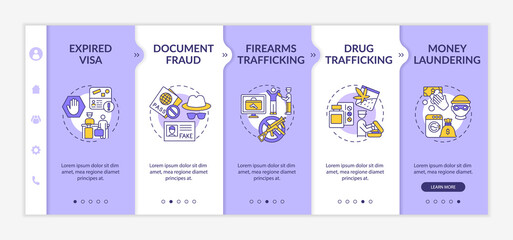 Deportation causes onboarding vector template. Responsive mobile website with icons. Web page walkthrough 5 step screens. Border control and entry check color concept with linear illustrations