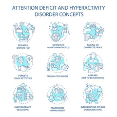 Attention deficit and hyperactivity disorder concept icons set. Be easily distracted idea thin line color illustrations. Failing to complete tasks. Vector isolated outline drawings. Editable stroke
