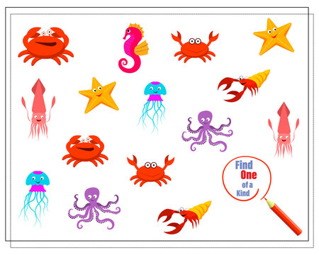 Cartoon illustration of the educational game Find a one-of-a-kind picture. cartoon sea animals. Vector