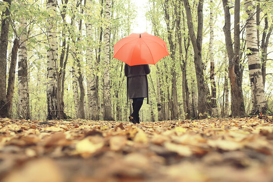 girl with umbrella posing in autumn park, october landscape lonely woman holding a red umbrella