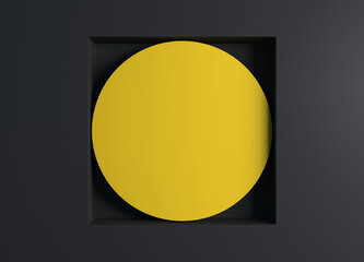 Abstract black background with yellow cylinder in square wall niche; simple dark mock up scene with minimal design elements; primitive geometric setup; niche; 3d rendering, 3d illustration