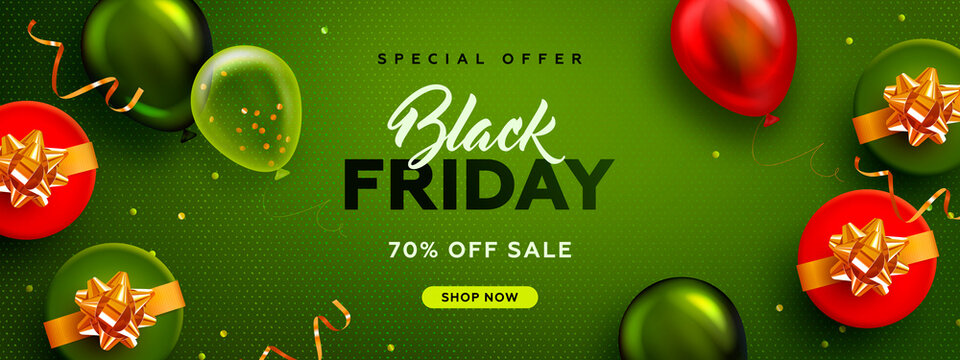 Black friday horizontal sale banner with realistic glossy balloons, gift box and discount text on green background. Vector illustration