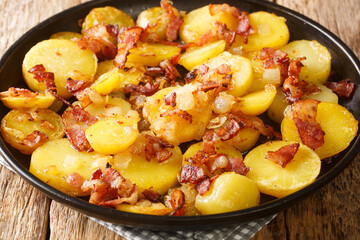 German Pan Fried Potatoes or Bratkartoffeln With Bacon and Onion close up in the plate on the table. Horizontal