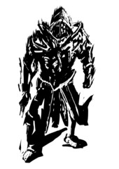 Fototapeta premium A dirty sketch of a tattoo.A black-and-white silhouette image of a war in plate armor. he is wearing a helmet with a visor and metal shoulder pads, and on his feet is an old cloth cloak. 2d art