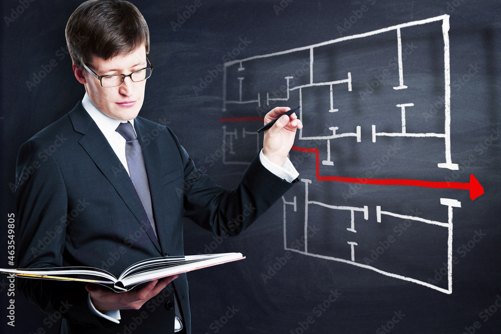 Poster attractive young european businessman drawing red arrow through maze on chalkboard background. solut
