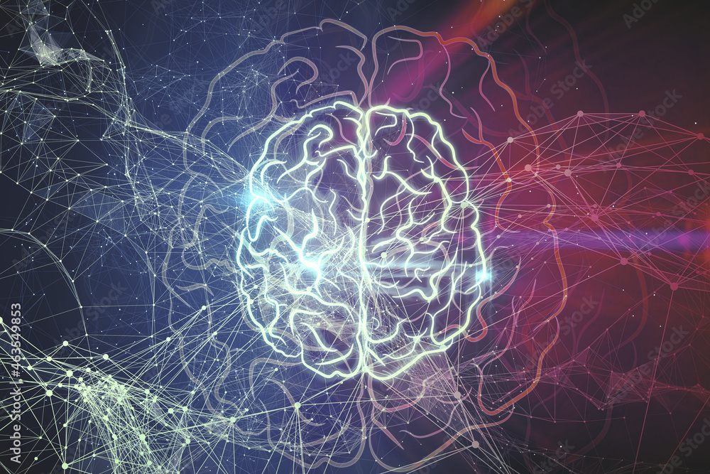 Poster Glowing brain with polygonal mesh on colorful tech background. Artificial intelligence and machine learning concept. 3D Rendering.