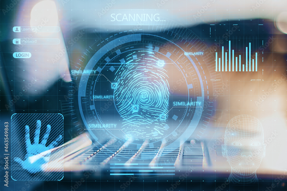 Poster close up of laptop with abstract glowing finger scanning hologram on dark background. fingerprint an