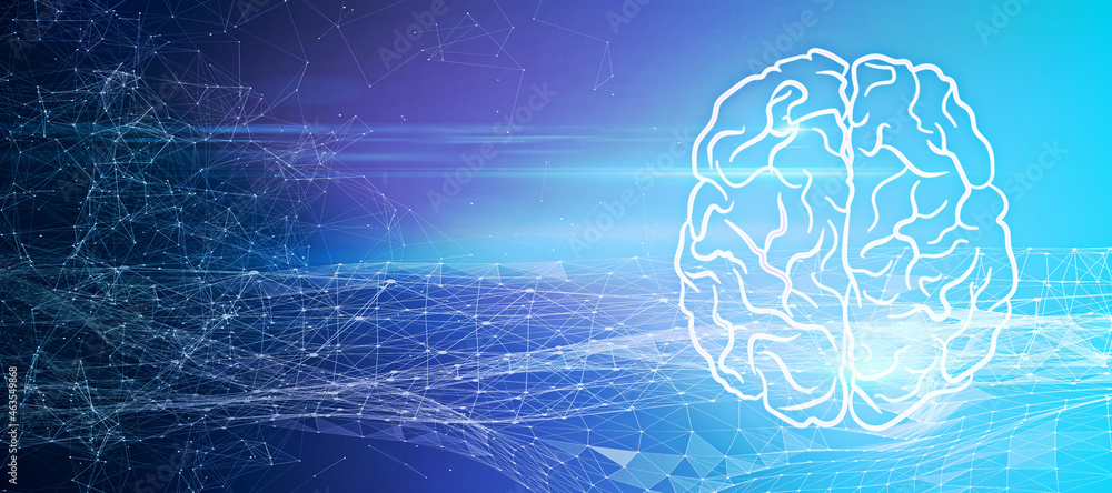 Aufkleber Abstract wide panoramic image of glowing brain with polygonal mesh on colorful tech wallpaper. Artificial intelligence and machine learning concept. 3D Rendering.