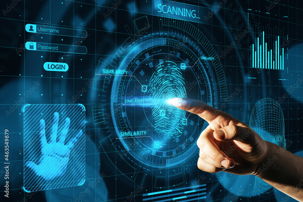 Poster man hand pointing at abstract glowing finger scanning hologram on dark background. fingerprint and i