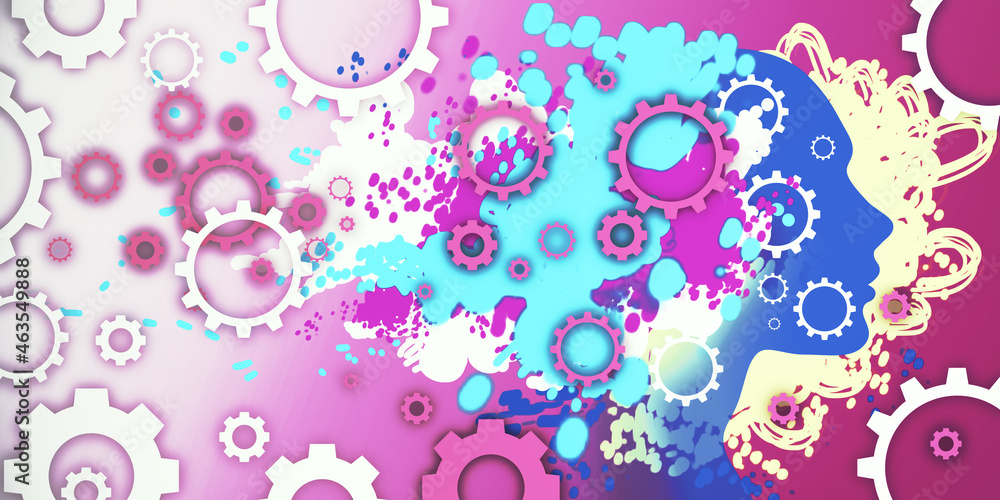 Aufkleber Creative colorful wide image of head outline with gears sketch on white backdrop. Art, brain and solution concept. 3D Rendering.