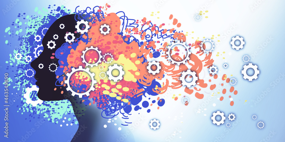 Poster Abstract colorful wide image of head outline with gears sketch on white backdrop. Art, brain and solution concept. 3D Rendering.