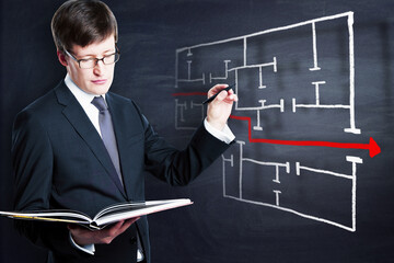 Attractive young european businessman drawing red arrow through maze on chalkboard background. Solution and way out concept.