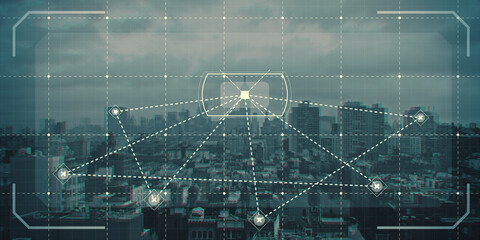 Wide image of abstract city texture with digial grid and mesh. Web, network, map and information concept. Double exposure.