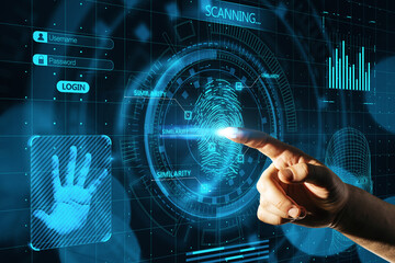 Man hand pointing at abstract glowing finger scanning hologram on dark background. Fingerprint and identity concept. Double exposure.
