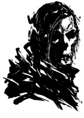 A dirty sketch of a tattoo.A black and white silhouette image of a skull, he is wearing an old leather jacket with spikes, he has black hair and a strange face.dirty ink job. 2d art
