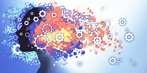 Abstract colorful wide image of head outline with gears sketch on white backdrop. Art, brain and solution concept. 3D Rendering.