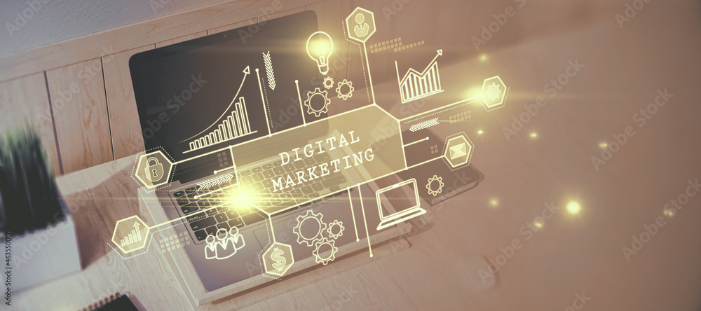 Poster Close up and top view of workplace with laptop, other items, mock up place and abstract glowing business sketch. Digital marketing and technology concept. 3D Rendering, Double exposure.