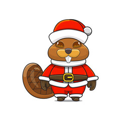 illustration of christmas mascot animal monster, santa costume, cute chibi animal, humanoid beaver