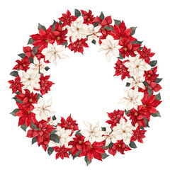 Wreath with watercolor hand draw flowers of poinsettia. Christmas floral symbol. Isolated on white background