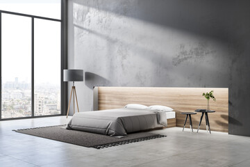 Contemporary bedroom interior with window and city view, wooden furniture and empty mock up place...