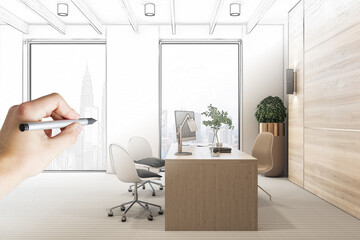 Hand drawn sketch of modern wooden office interior with desktop, equipment, window with city view...