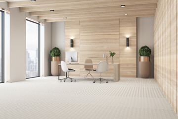 Clean wooden office interior with desktop, equipment, window with city view and other items....