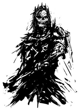 A dirty sketch of a tattoo.A black and white silhouette image of a skull, he is wearing an old leather jacket with spikes, he has black hair, a strange face and a weapon.dirty work with ink. 2d art