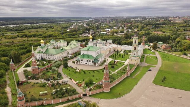 Aerial view of the Epiphany Staro-Golutvin Monastery on a warm September day, located on the outskirts of the city of Kolomna, Russia.