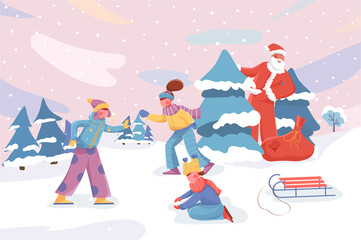 Merry Christmas banner. Santa Claus congratulates playing children in winter city park background. Seasonal entertainment poster. Vector illustration for backdrop or placard in flat cartoon design