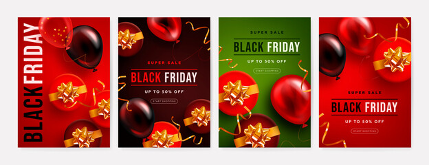 Set of black friday sale banner, poster or flyer with realistic glossy balloons, gift box and discount text on red background. Vector illustration