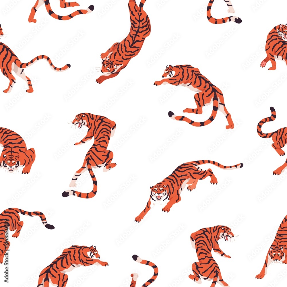 Poster tiger animal pattern. seamless background with repeating print. endless texture design with tropical