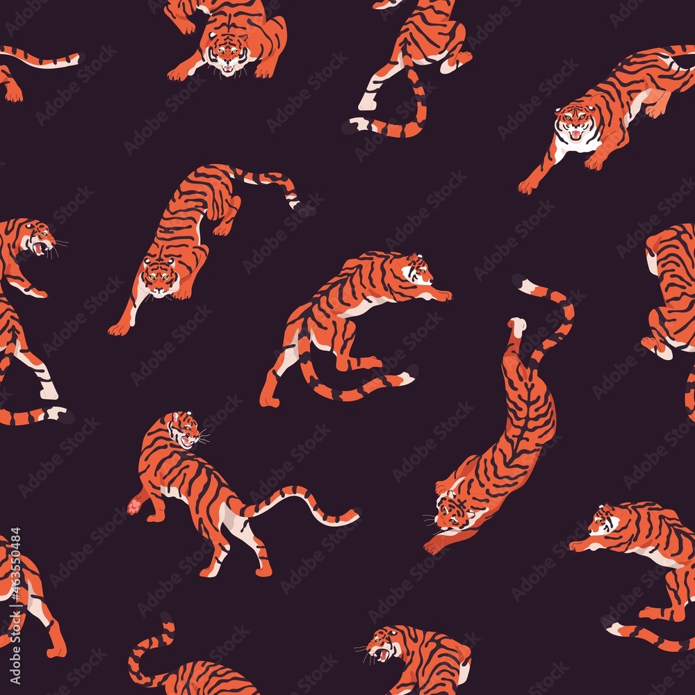 Poster Seamless pattern with tigers on black background. Endless repeating print for decor. Texture design with exotic wild feline striped animal in motion. Printable flat vector illustration for textile