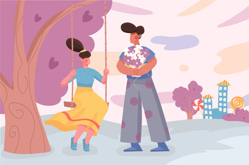 Valentines day banner. Couple together, woman sits on swing, man holds flowers at city park background. Seasonal holiday poster. Vector illustration for backdrop or placard in flat cartoon design