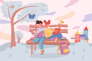Education banner. Kids read books and do homework while sitting on bench at city park background. Pupils studying at school poster. Vector illustration for backdrop or placard in flat cartoon design