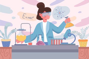 Laboratory banner. Woman scientist doing tests in flasks in lab background. Scientific research on professional equipment poster. Vector illustration for backdrop or placard in flat cartoon design
