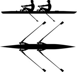 Double scull rowboat team training before competition, black silhouette
