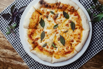 Close-up of Margarita pizza in a disposable dish. Top view of takeaway food in a fast food cafe. On photo - mozzarella cheese, tomatoes, and red basil. The classic recipe. Food for family and friends.