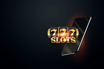 Online casino, smartphone with slot machine with jackpot and gold coins. Online Slots, Lucky Seven 777, Dark Gold Style. Luck concept, gambling, jackpot, banner.