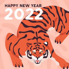 Nappy New Year postcard with Chinese tiger, 2022 symbol. Square card design with oriental Asian striped animal mascot in motion. Festive background with holiday text. Colored flat vector illustration