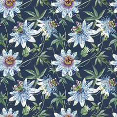 Beautiful floral seamless pattern with hand drawn watercolor blue passionflowers. Stock illustration.