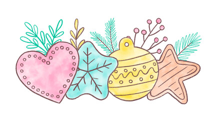 Christmas gingerbread cookies on a white background. Holiday composition. Watercolor hand drawn illustration. Ideal for prints, scrapbooking, party decoration, congratulations, postcard