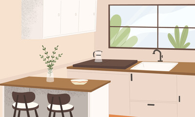 Kitchen interior design with sink clean kitchenware and window and plants