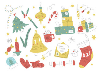 Christmas doodle collection. Hand drawn xmas Set with elements. candle, light and presents. outline graphic. Letter for Santa.
