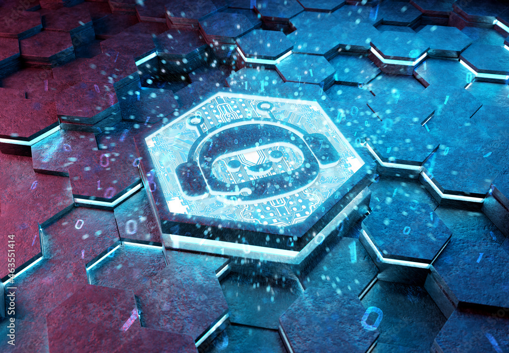 Aufkleber Chatbot icon concept engraved on metal hexagonal pedestral background. Chat bot assistance logo glowing on abstract digital surface. 3d rendering