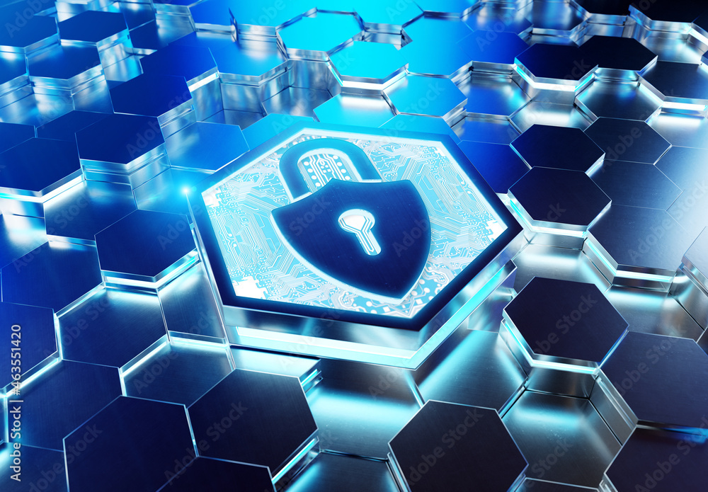 Aufkleber Web security icon concept engraved on metal hexagonal pedestral background. Padlock Logo glowing on abstract digital surface. 3d rendering