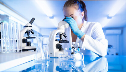 Laboratory concept background. Young scientist during experiment and using microscope in modern laboratory.